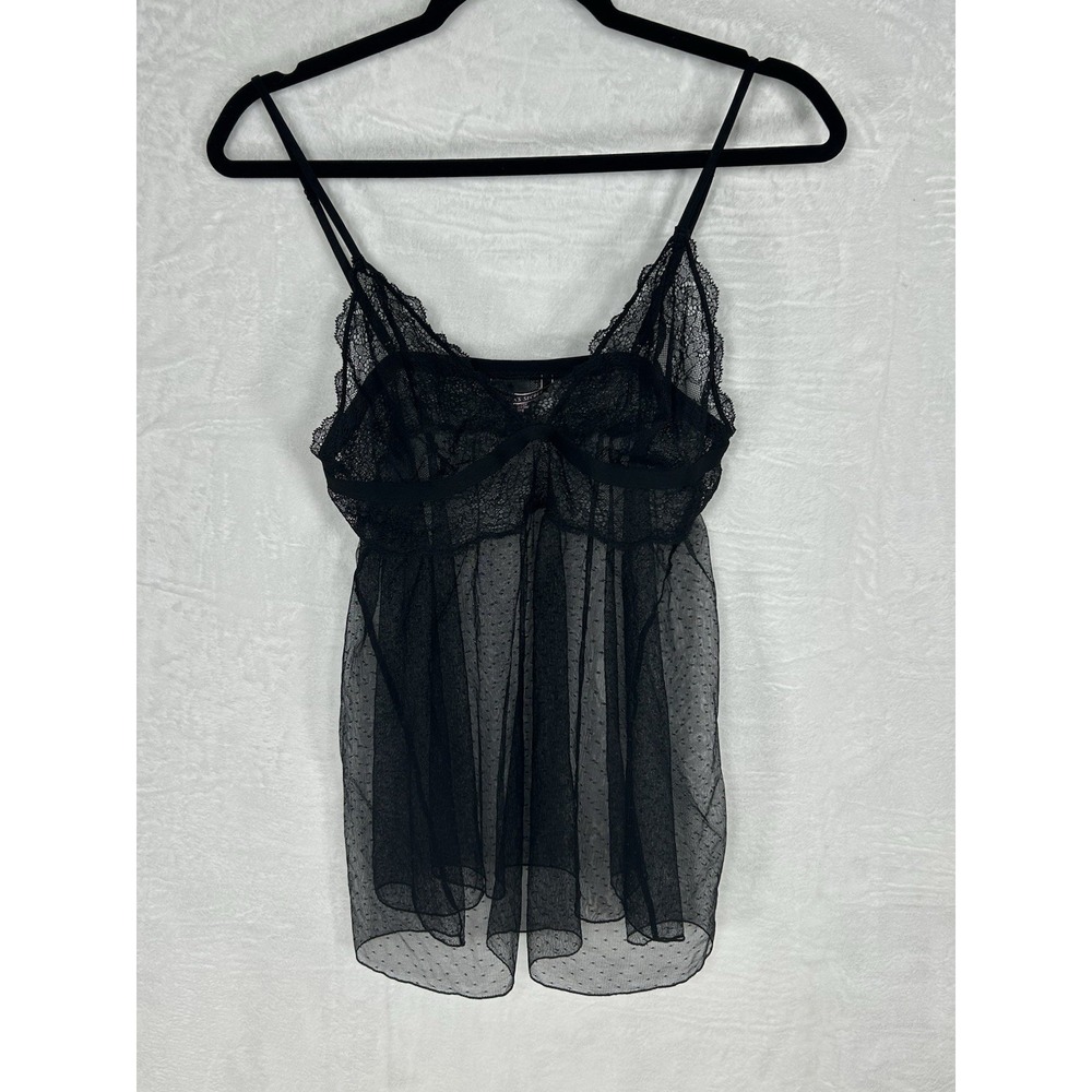 Victorias Secret XL 90's Black Sheer Dotted Flyaway Babydoll Coquette Whimsigoth - Picture 3 of 13